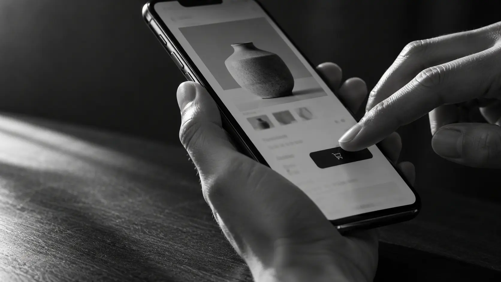 スマートフォンの商品ページを指で操作する手元を、低い斜めの角度から捉えた白黒画像。