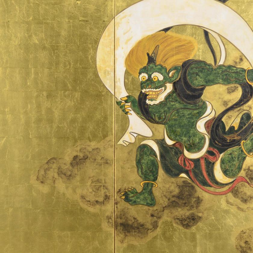 風神の描写と、光の当たり方で表情が変わる金箔の背景