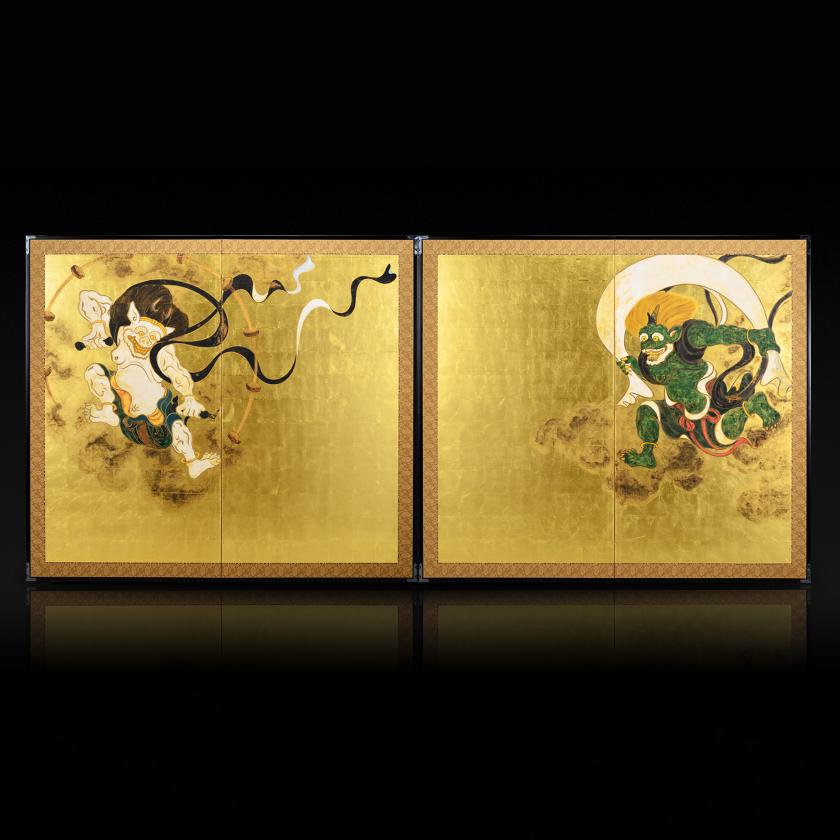 風神と雷神を描いた金屏風一双の全体像